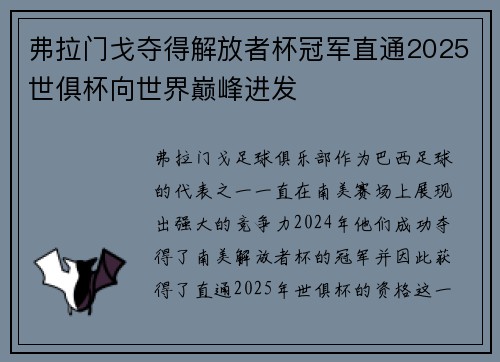 弗拉门戈夺得解放者杯冠军直通2025世俱杯向世界巅峰进发 弗拉门戈夺得解放者杯冠军直通2025世俱杯向世界巅峰进发